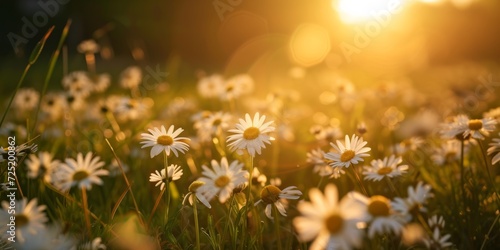 landscape of white daisy blooms in a field, with the focus on the setting sun