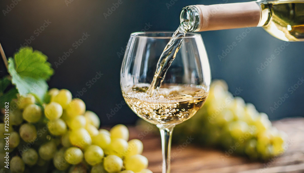 white wine being poured into a crystal wine glass, capturing the graceful motion and golden hues