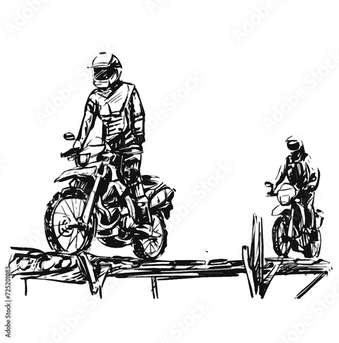 Drawing of 2 Motocross riders driving cross the bridge 