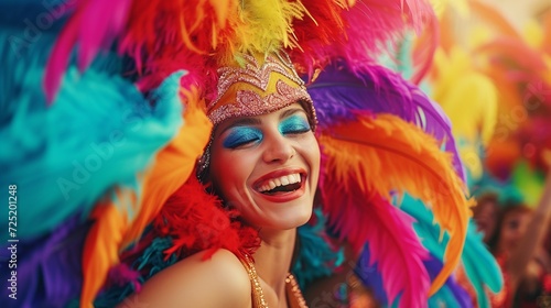 Happy young woman in carnival peacock costume celebration with passion in the parade, close up of beautiful girl in colorful feather costume with copy space, concept of celebrating carnival, party.