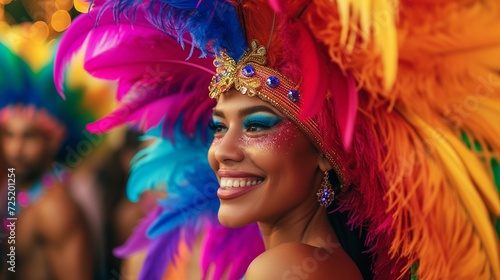 Happy young woman in carnival peacock costume celebration with passion in the parade, close up of beautiful girl in colorful feather costume with copy space, concept of celebrating carnival, party.