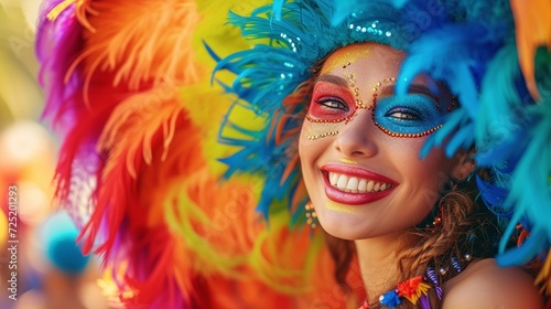 Happy beautiful carnival dancer close up portrait. Brazilian folk festival, costumes with colorful feathers, very vivid color, copy space.