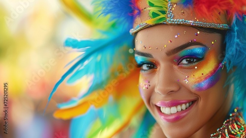 Happy beautiful carnival dancer close up portrait. Brazilian folk festival, costumes with colorful feathers, very vivid color, copy space.