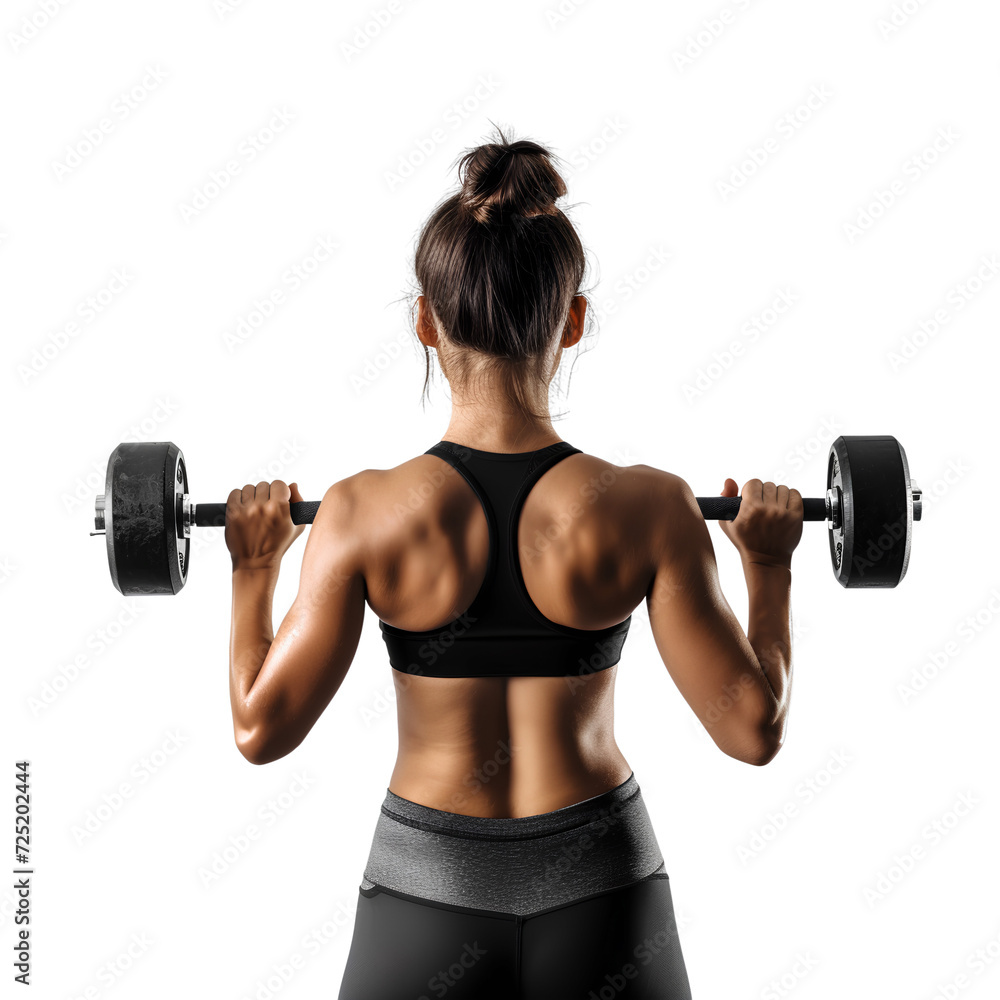 Obraz premium Fitness, exercise and woman with dumbbell for workout, muscle training and body building. Gym, strong girl weight lifting on white background from back , isolated on transparent background