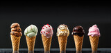 Row of delicious and colorful ice creams in cones. Ice cream scoops of various flavors on black background with copy space for text. Generative AI.