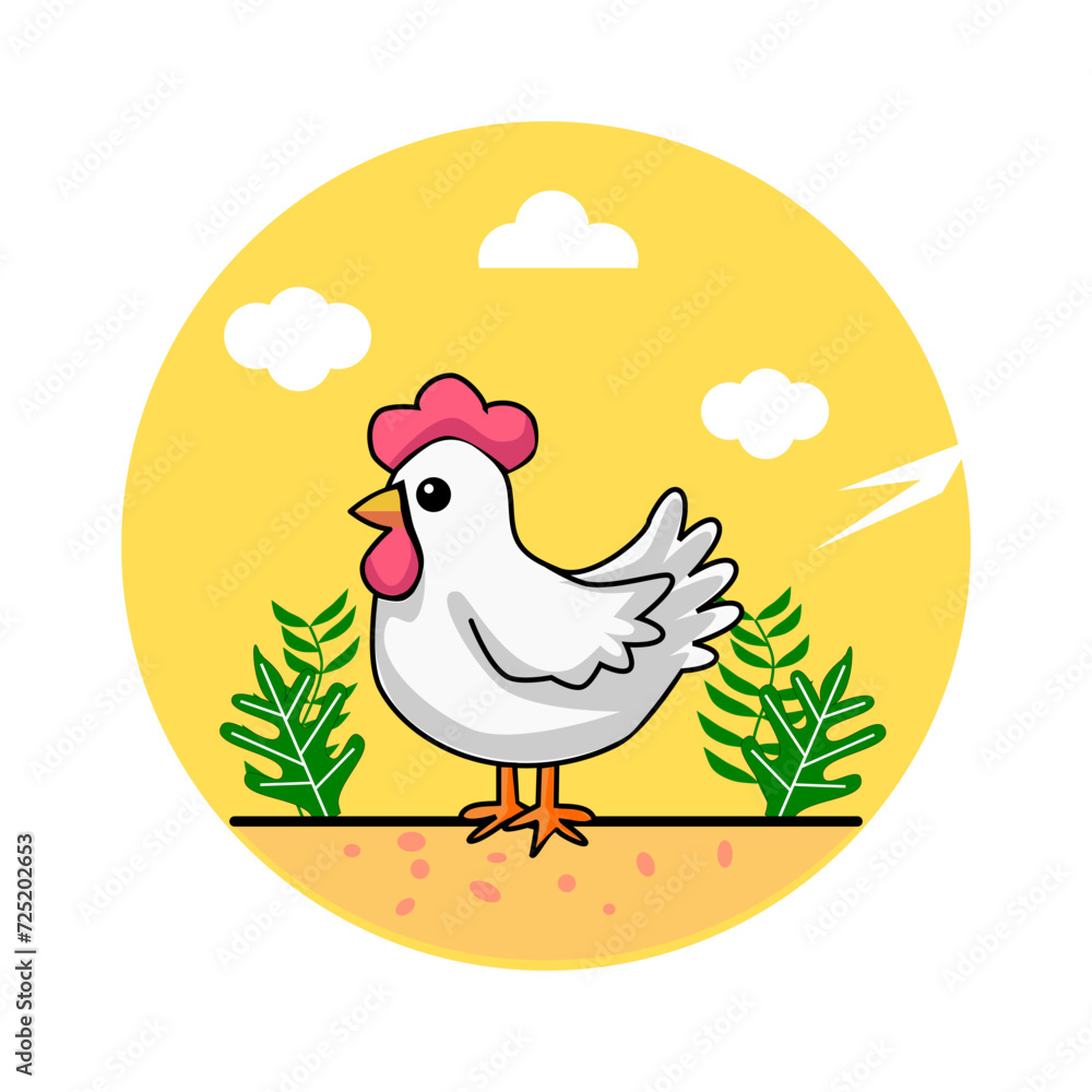 vector illustration of a white and gray hen or chicken, with a yellow circle background 