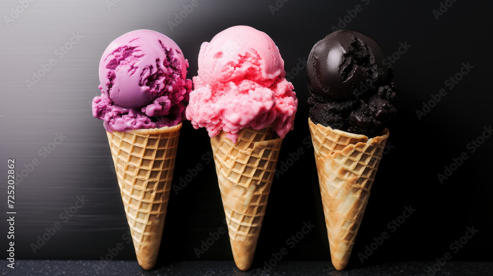 Row of delicious and colorful ice creams in cones. Ice cream scoops of various flavors on dark background. Generative AI. Row of delicious and colorful ice creams in cones. Ice cream scoops of various flavors on dark background. Generative AI.