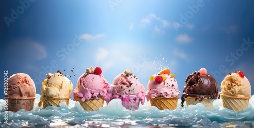 Row of delicious and colorful ice creams in edible tubs. Dripping ice cream scoops of various flavors with water or ice below on white background. Generative AI. photo