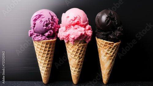 Row of delicious and colorful ice creams in cones. Ice cream scoops of various flavors on dark background. Generative AI.