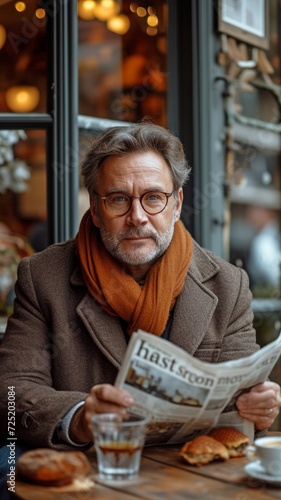 An adult man is in a cafe reading a newspaper.