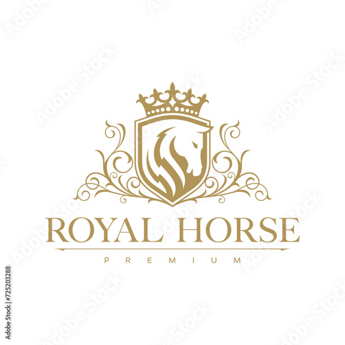 Golden Horse logo design. Elegant and luxury horse logo concept. Vector logo template. luxury premium vector logo with golden