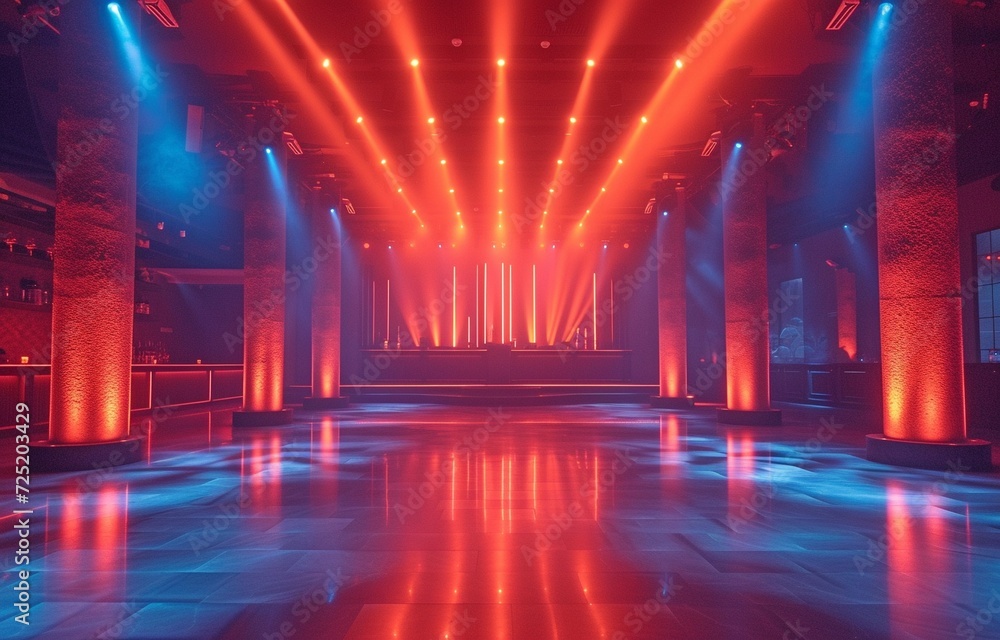 A futuristic nightclub with vivid, abstract lighting fixtures