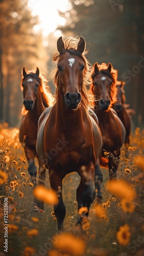 a group of horses galloping across a field 