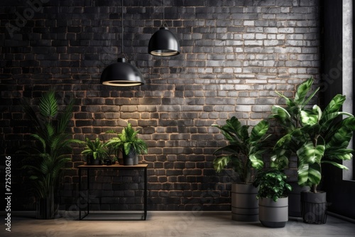 Brick wall with a plant pot and a black ceiling lamp. Text area, room for copy, front view