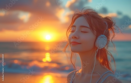 Asian woman with headphones, calm enjoying a lovely sunset over the seashore while taking in the fresh air and music