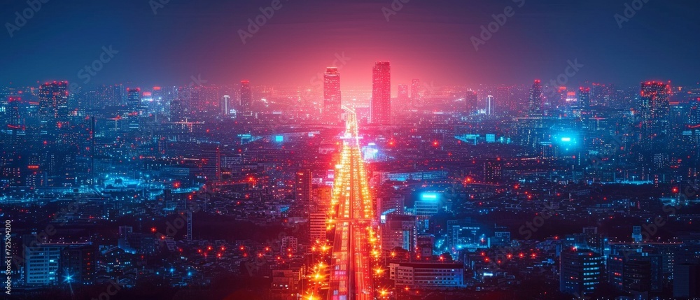 Fototapeta premium Red and blue lines accentuate the metropolis in the evening. The idea that artificial intelligence would have complete control over how people and vehicles are moved
