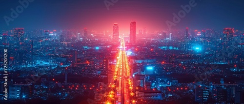 Red and blue lines accentuate the metropolis in the evening. The idea that artificial intelligence would have complete control over how people and vehicles are moved