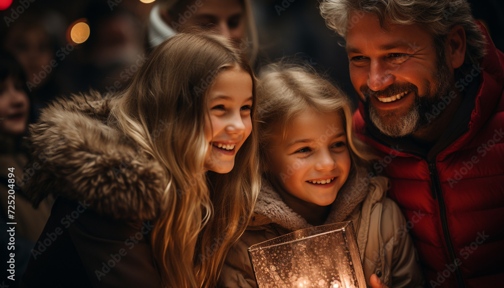 Smiling family embraces winter, celebrating Christmas joyfully generated by AI