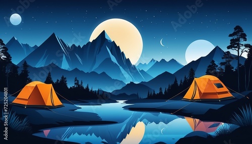 Blue Hiking Travel Design: Mountains and Tent in Night Landscape