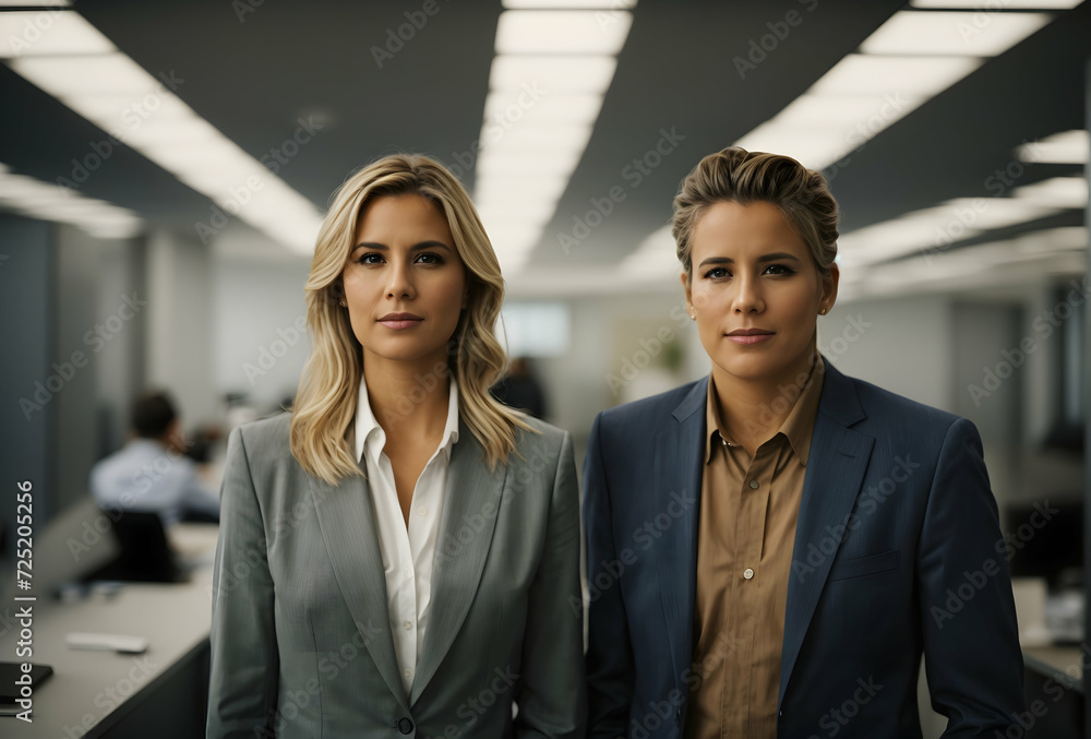Portrait of confident business man and woman looking at camera while standing with colleague in office Portrait of confident business man and woman looking at camera while standing with colleague in office