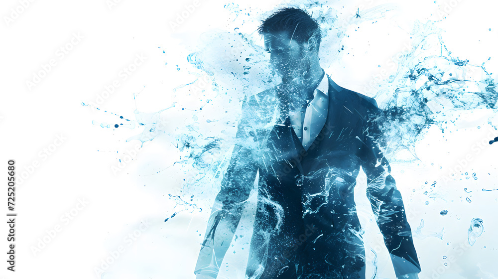 Fototapeta premium Watery Splash: A person immersed in clear blue liquid, surrounded by dynamic splashes, isolated on a pristine white background