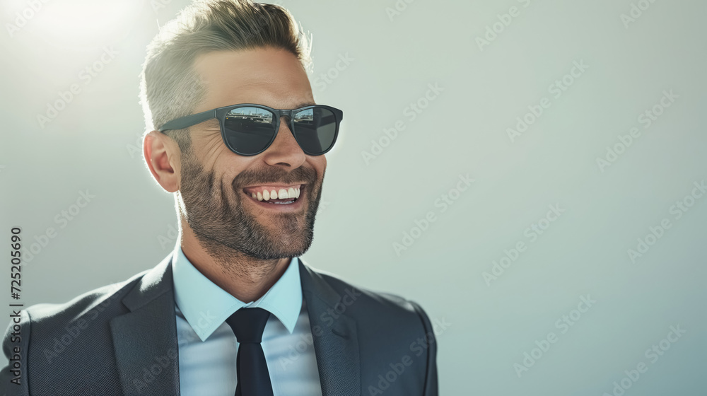 envision a distinguished businessman standing confidently with a smiling face, stylish sunglasses, white background, formal dress and sunglasses,charisma and success,photography