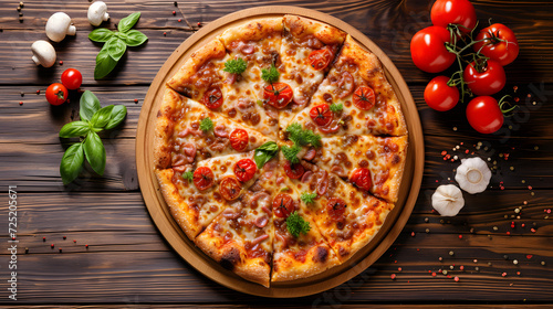 Delicious Italian Pizza with Tomatoes, Basil, and Vegetables on a Crispy Baked Crust, topped with Mozzarella – a Tasty Vegetarian Gourmet Meal