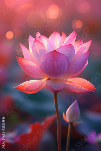 A vivid fuchsia lotus flower, crimson solid color background,generative ai