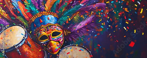 Brazilian and african colorful drums with carnival mask and feathers. Music instruments with traditional ornament. Rio carnival concept. Brazilian dance and music. Seasonal event poster, card, banner
