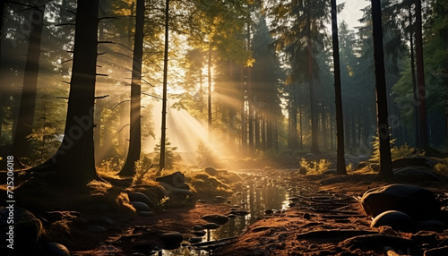 Tranquil scene autumn forest, sunlight filters through foggy trees generated by AI