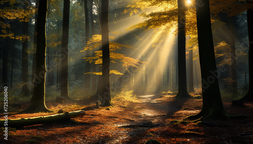Bright autumn sunlight illuminates the tranquil forest, revealing its mystery generated by AI