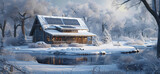 a house covered with ice and snow in a winter landscape with solar panels