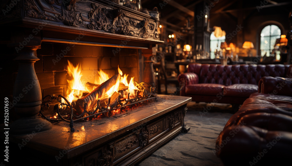 Cozy living room with glowing fireplace and candle generated by AI Cozy living room with glowing fireplace and candle generated by AI