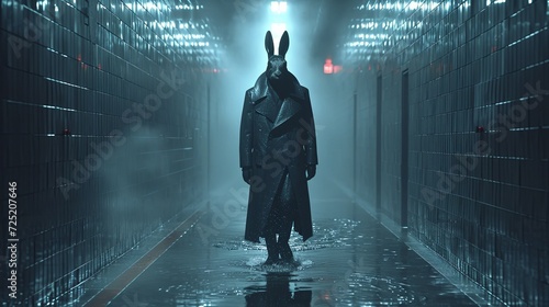 person rabbit bunny on dark background. presentation. advertisement. copy text space.