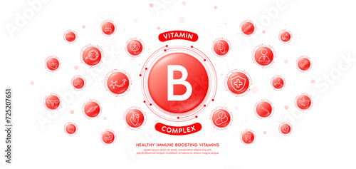Collagen water red drop vitamin B complex with medical icons. Immune boosting vitamins various organs of body keep healthy. Dietary supplement nutrition treatment skin care banner. Vector.