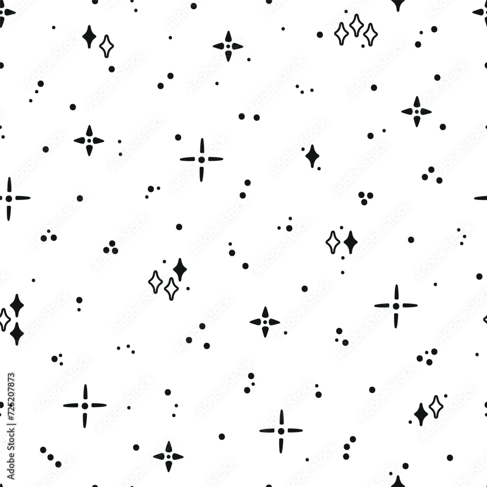 Vector Star Seamless Cute Pattern. Starry Sky Background. Festive Stars Black White Wallpaper. Holiday and Birthday Party Design. Vector Star Seamless Cute Pattern. Starry Sky Background. Festive Stars Black White Wallpaper. Holiday and Birthday Party Design.