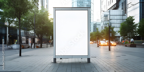 Large blank advertising poster billboard banner mockup in front of building in urban city; digital light box display screen.