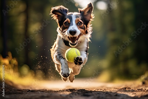 Jack Russell terrier trying to grab a flying tennis ball.