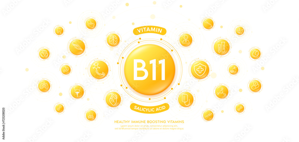 Collagen water yellow drop vitamin B11 or Salicylic Acid with medical icons. Immune boosting vitamins various organs of body keep healthy. Dietary supplement nutrition treatment skin care. Vector.