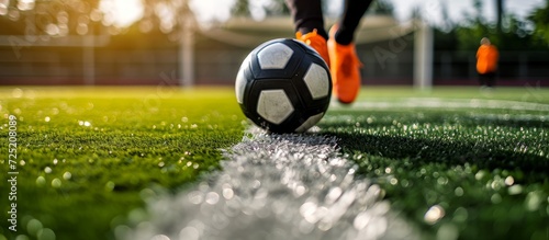 Close shot of a 5-a-side footballer's legs and ball on the artificial turf field. © 2rogan