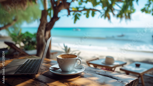 cup of coffee and laptop on table near the beach summer window , generative ai.