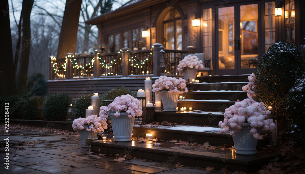 Romantic candlelight illuminates the winter celebration outdoors generated by AI