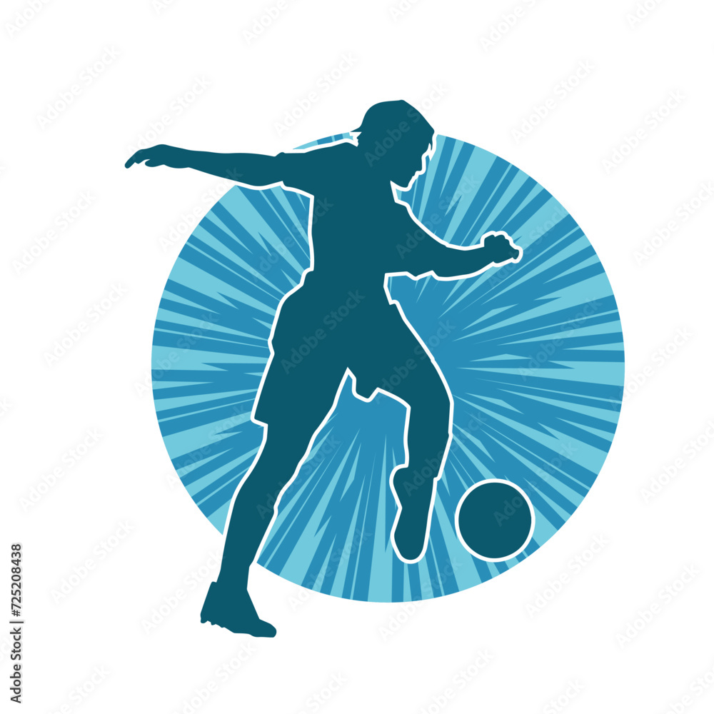 Silhouette of a female soccer player kicking a ball. Silhouette of a football player woman in action pose. Silhouette of a female soccer player kicking a ball. Silhouette of a football player woman in action pose.