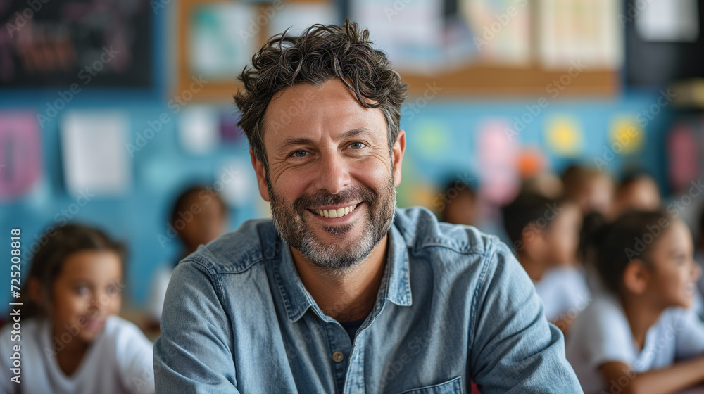 Portrait of smiling male teacher in a class at elementary school looking at camera with learning students on background. Happy smiling middle aged man elementary or junior school male teacher Portrait of smiling male teacher in a class at elementary school looking at camera with learning students on background. Happy smiling middle aged man elementary or junior school male teacher