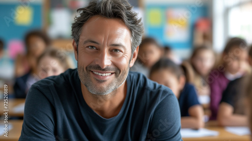 Portrait of smiling male teacher in a class at elementary school looking at camera with learning students on background. Happy smiling middle aged man elementary or junior school male teacher 