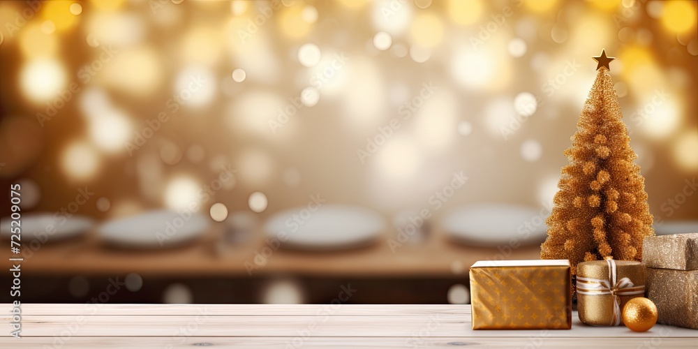 Christmas-themed background with a blank wooden table in front of a Christmas tree and a blurry kitchen, adorned with golden bokeh. Ideal for showcasing products.