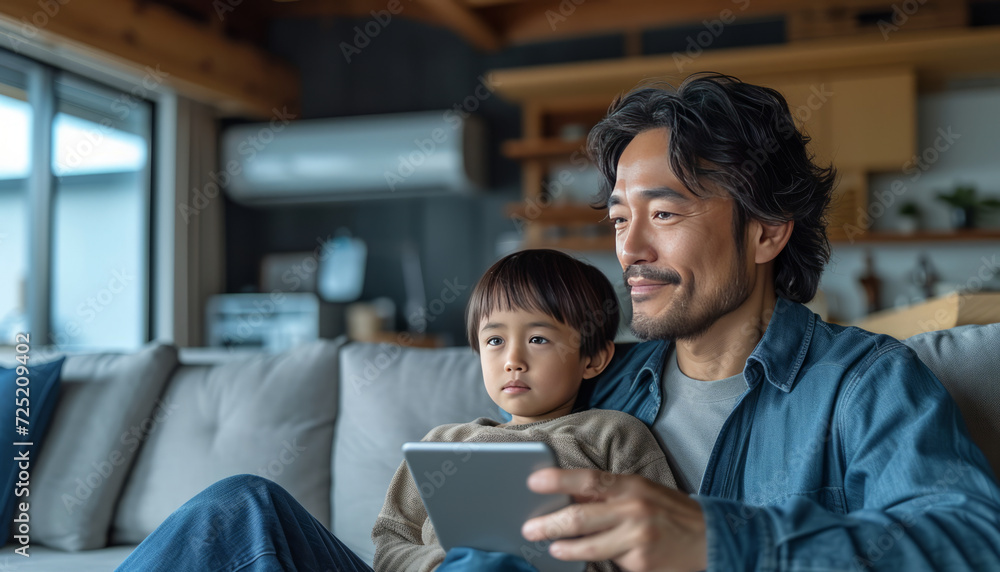 Asian family Adjusting a temperature air conditioner using a tablet with smart home app in modern living room ,generative ai Asian family Adjusting a temperature air conditioner using a tablet with smart home app in modern living room ,generative ai