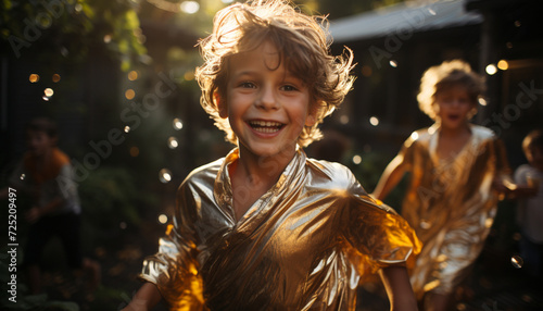 Smiling children playing outdoors, enjoying summer fun generated by AI