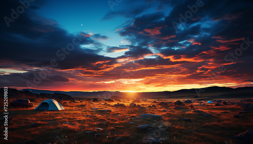 Sunset over the mountain range, a tranquil scene of beauty generated by AI