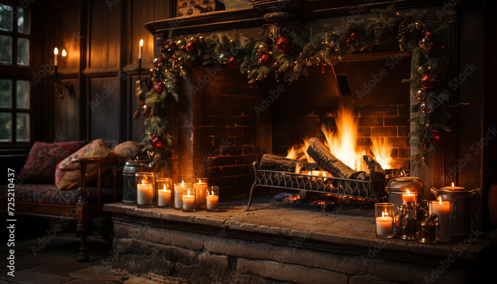 Cozy winter night, candlelight illuminates comfortable living room generated by AI Cozy winter night, candlelight illuminates comfortable living room generated by AI